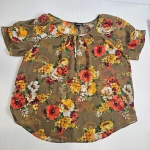 A Byer Brown Floral Sheer Short Sleeve Top Large Tie Neck